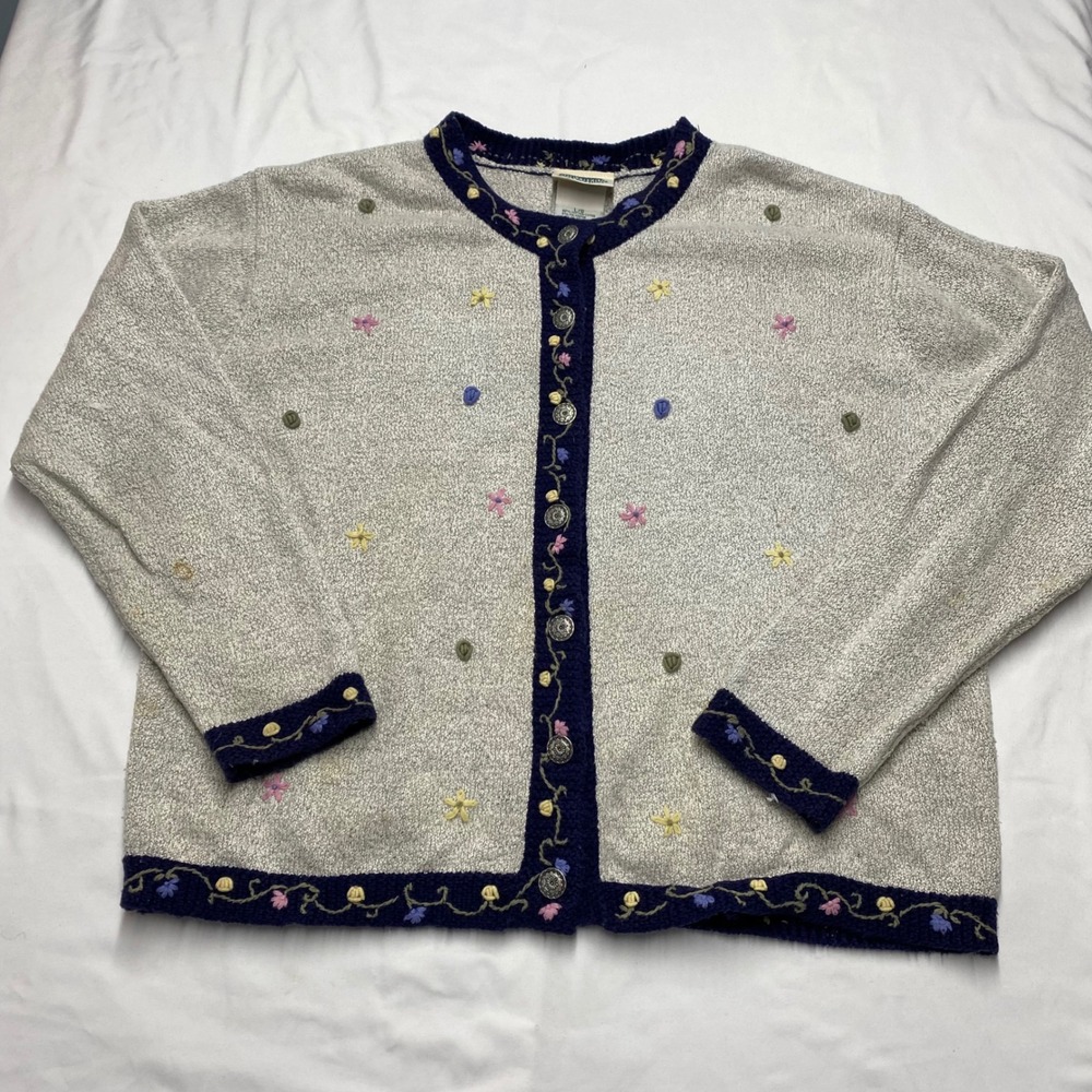 Northern Reflections Vintage Floral Embroidered Cardigan Oatmeal Navy Large